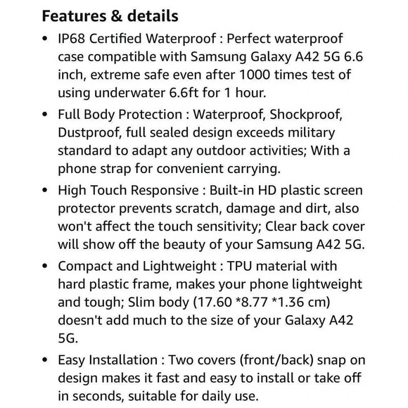 Lanhiem Samsung Galaxy A42 5G Case IP68 Waterproof Dustproof Shockproof Case - Picture 9 of 9